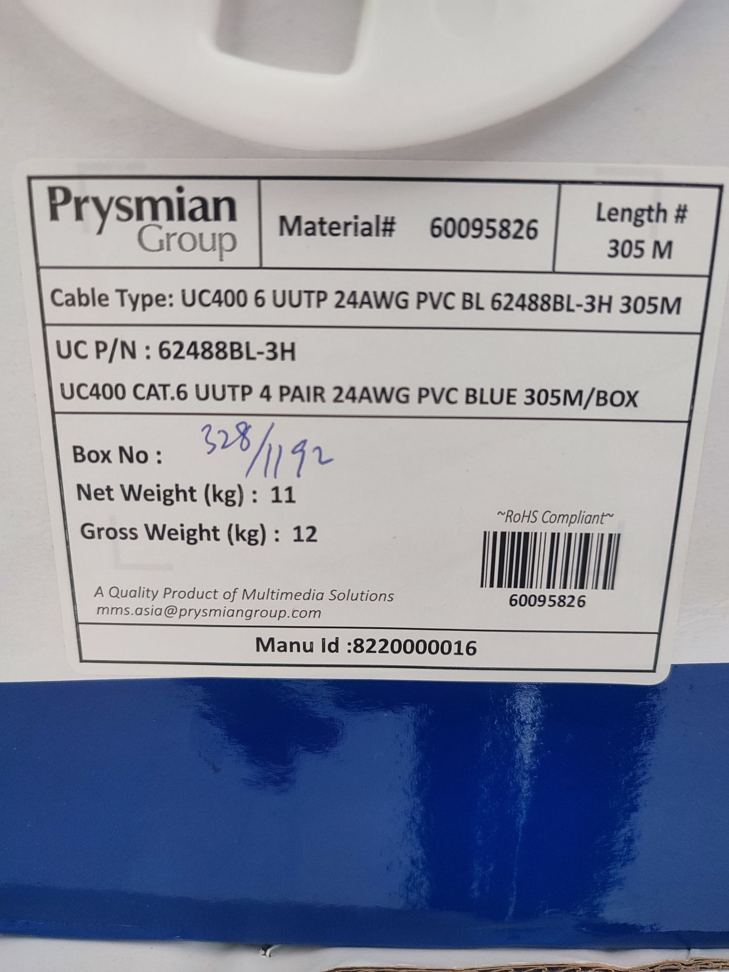 Spesifikasi Kabel UTP Cat6 Draka UC400 305m – Original Prysmian Group Label spesifikasi kabel UTP Cat6 Prysmian Draka UC400 4 Pair 24AWG PVC Blue 305 meter dengan material no. 60095826 dan berat bersih 11 kg.