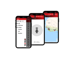 Mobile App Dispatcher: Komunikasi cepat dan pelacakan perangkat dari smartphone Android. Antarmuka aplikasi Mobile Dispatcher Tramigo di beberapa perangkat Android menampilkan fitur talk dan peta lokasi.