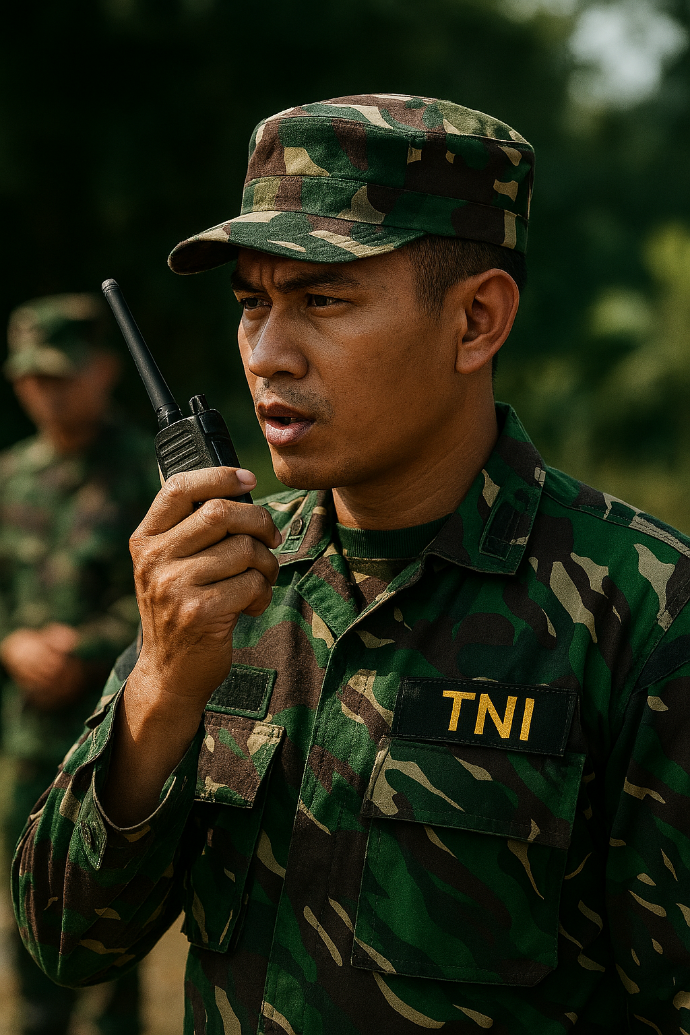 Keamanan komunikasi untuk instansi pemerintah dan militer Prajurit TNI menggunakan alat komunikasi PTT walkie talkie saat operasi di lapangan